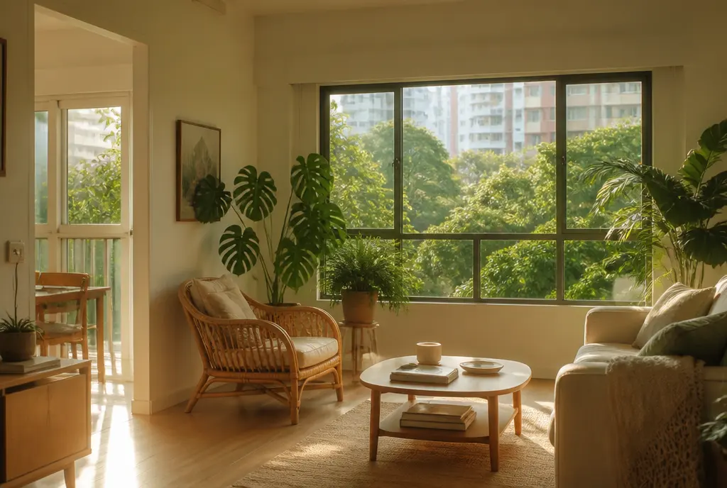 A bright Singapore flat living room in soft morning light, with tropical greenery visible through the window