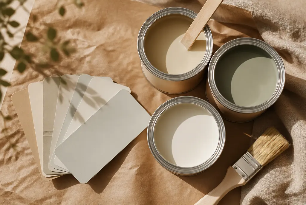 Open unbranded paint tins with colour swatch cards on kraft paper